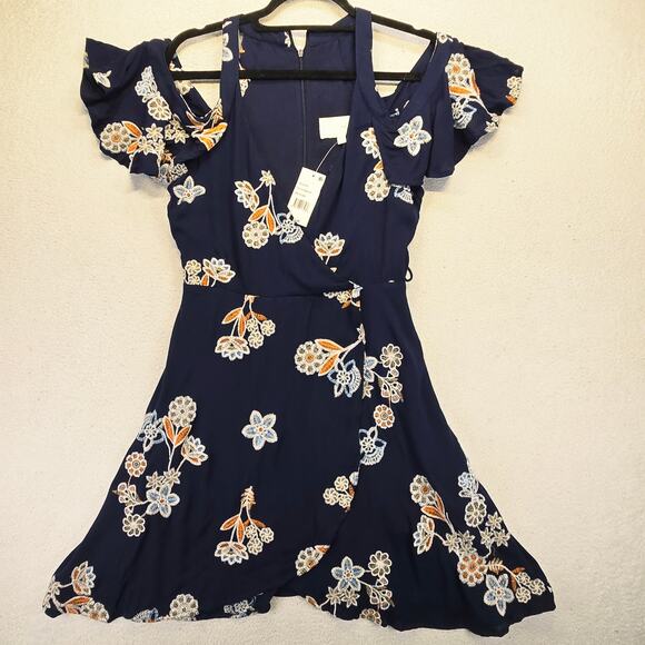 JOA Los Angeles Embroidered Floral Cold Shoulder Dress Womens M Navy Blue NWT* - Picture 1 of 14